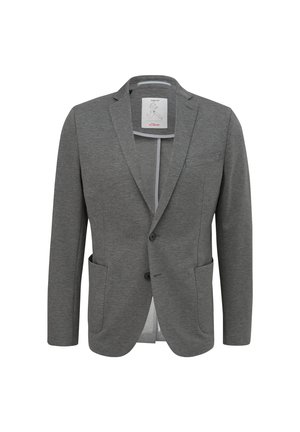 Gray blazer made from textured fabric. Features a notched lapel, two front pockets, and single-button closure. Includes an interior lining.