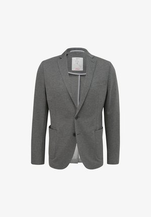 Grau blazer aus strukturiertem Stoff. Verfügt über einen Reverskragen, zwei Vorderaschen und einen Ein-Knopf-Verschluss. Enthält eine Innenauskleidung.