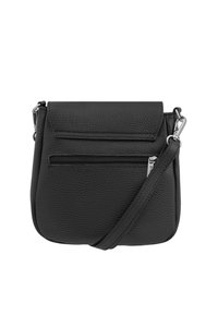 Black crossbody bag made of textured leather. Features a flap closure, front zip pocket, and adjustable strap. Compact rectangular shape.
