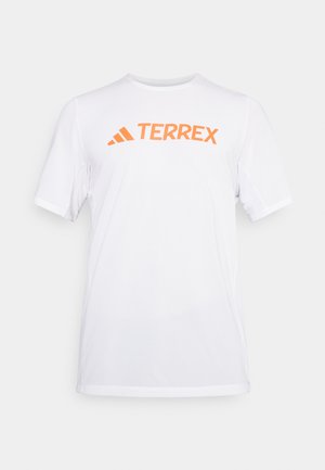 White short-sleeve athletic shirt made of breathable material, featuring an orange "TERREX" logo across the chest. Simple design with clean lines.