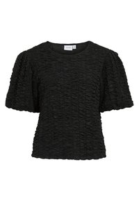 Melna īsām piedurknēm topiņš ar teksturētu, savelku dizainu. Apaļa dekoltē un brīva piegriezuma stils. Audums izskatās mīksts un nedaudz stiepjas.