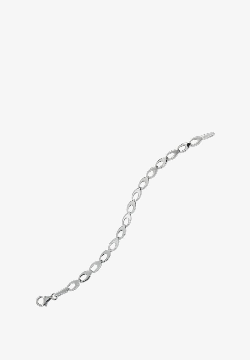 Silberarmband mit verbundenen ovalen und runden Formen, mit einer strukturierten Oberfläche und einem Karabinerverschluss.