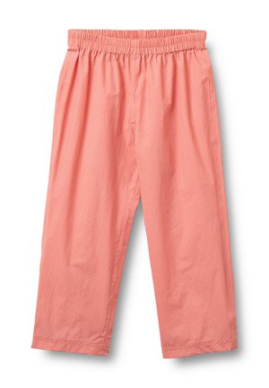 Pantaloni con vita elasticizzata a quadretti rossi e bianchi, con gambe dritte, mostrati distesi su uno sfondo bianco.