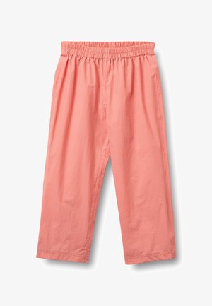 Red and white checkered elastic waist pants with straight legs, displayed flat against a white background.