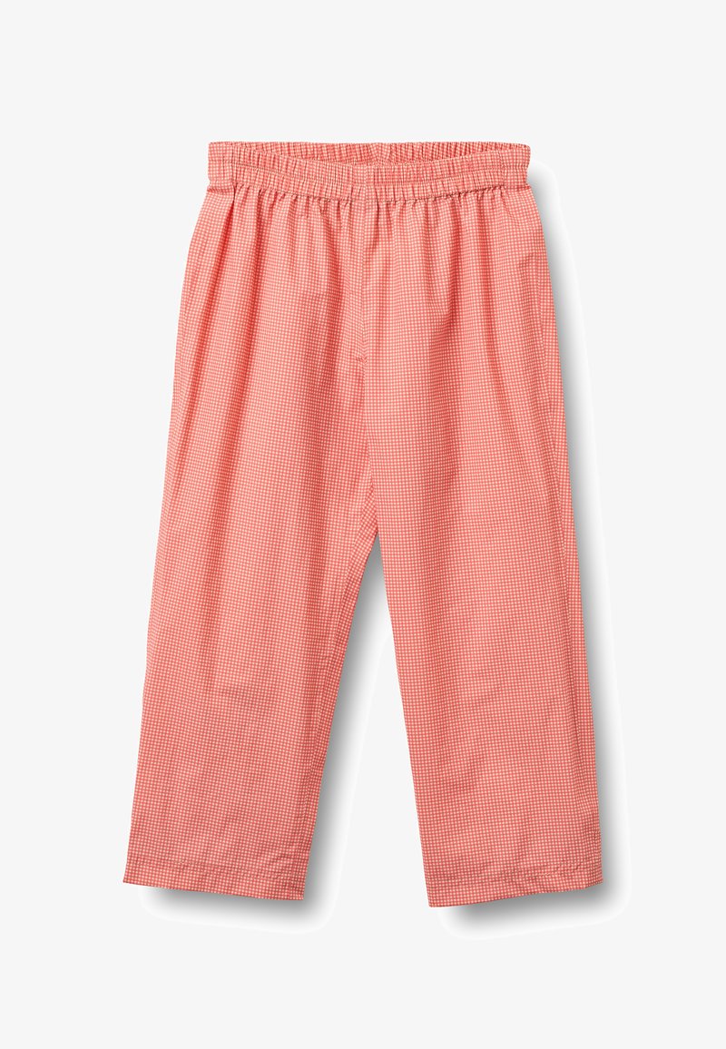 Pantalon à taille élastique à carreaux rouges et blancs avec jambes droites, présenté à plat sur un fond blanc.