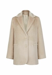 Beige Kunstfelljacke mit einem Reverskragen, einreihigem Verschluss, zwei vorderen Taschen und weicher Textur.