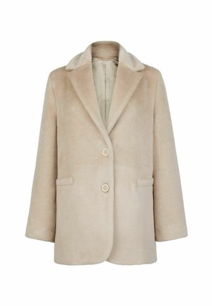 Beige Kunstfelljacke mit einem Reverskragen, einreihigem Verschluss, zwei vorderen Taschen und weicher Textur.