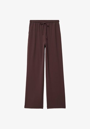 Pantalones marrones de pierna ancha con cintura elástica y cordón delantero, tela suave, estilo casual.