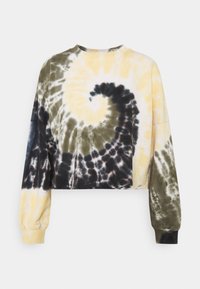 Sweatshirt corto con maniche lunghe; motivo tie-dye giallo, nero e verde oliva; tessuto morbido; colletto e polsini a coste.
