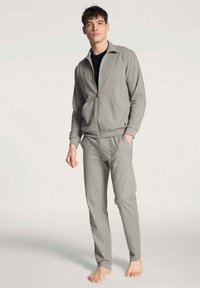 Grijze zip-up sweatshirt met een staande kraag, gecombineerd met bijpassende taps toelopende sweatpants. Zacht materiaal, minimale stiksels, geen zichtbare logo's.