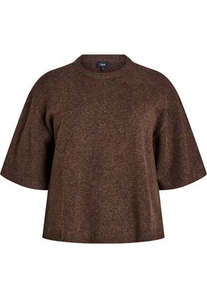 Brown oversized sweater with short sleeves, made from a soft, textured fabric. Features a round neckline and ribbed hem.