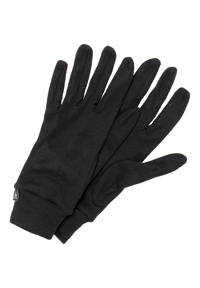 Gants en tissu noir côtelé avec cinq doigts, offrant un ajustement serré et une petite étiquette de marque au poignet. Texture douce, design minimaliste.