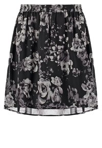 Jupe noire à motifs floraux gris, avec taille élastique, en tissu léger et design fluide qui tombe au-dessus du genou.