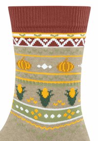 Skarpety dziane z brązowym mankietem, beżowym ciałem z żółtymi i zielonymi wzorami kwiatowymi oraz pomarańczowymi wzorami dyni, tworząc przytulny, sezonowy wygląd.