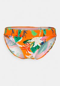 Tanga de biquíni laranja brilhante com padrões florais tropicais em verde, rosa e branco. Tecido suave com detalhe de cintura franzida.