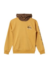 Gul huvtröja med bruna detaljer, med en framficka och logotyp på bröstet och ärmen. Tillverkad av mjukt tyg, designad för komfort.