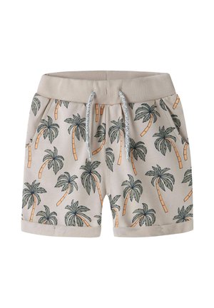 Beżowe szorty z wzorem palm w zieleni i pomarańczy. Posiadają elastyczny pas i sznurek ściągający, z kieszeniami po bokach.