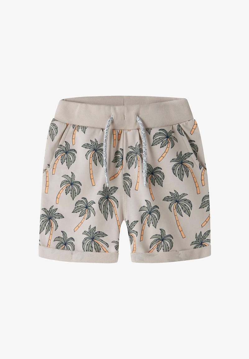 Shorts beige avec un motif de palmiers verts et oranges. Dotés d'une taille élastique avec cordon de serrage, et de poches latérales.