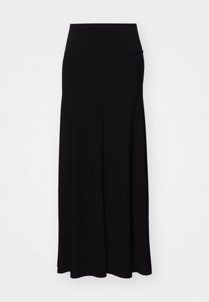 Black maxi skirt with a wide, elastic waistband; made of soft, stretchable fabric; features a flowy design and floor-length cut.