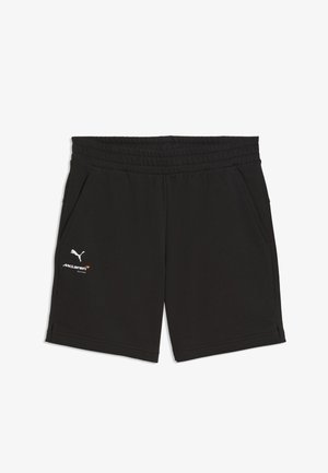 Shorts de sport noirs avec taille élastique, poches latérales, et logos Puma blanc et McLaren Racing orange sur la cuisse gauche.