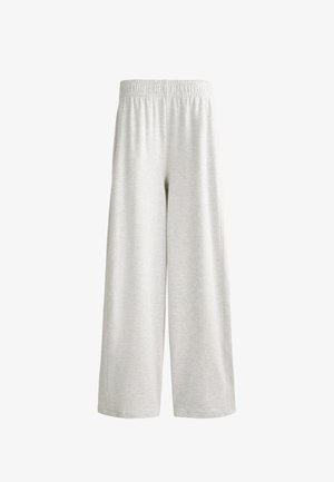 Svetlo sivi široki hlače, izdelane iz mehkega blaga z elastičnim pasom. Oblika vključuje ohlapen kroj in raven rez.