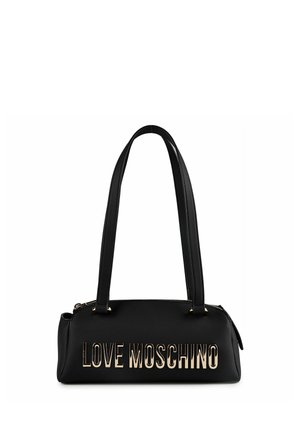 Sac à main rectangulaire noir avec doubles bretelles et lettrage doré "LOVE MOSCHINO" sur le devant.