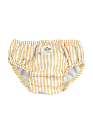 Couvre-couche pour bébé rayé jaune et blanc avec petits motifs de poissons bleus, doté d'une ceinture et d'ouvertures élastiques aux jambes.