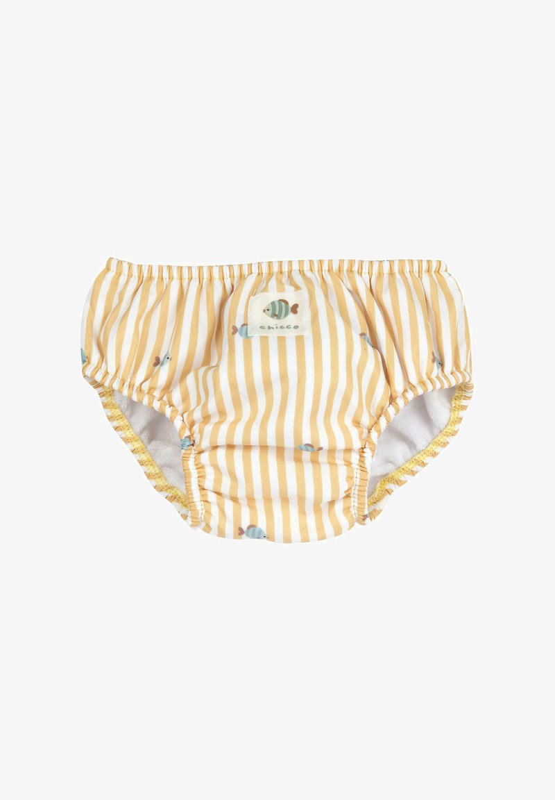 Couvre-couche pour bébé rayé jaune et blanc avec petits motifs de poissons bleus, doté d'une ceinture et d'ouvertures élastiques aux jambes.