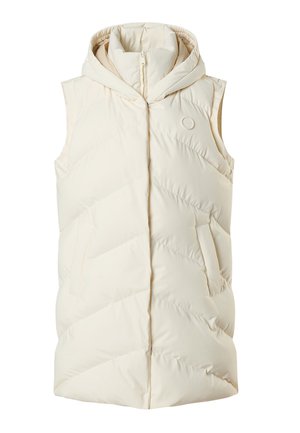 Light beige puffer vest with a hood, features chevron quilted design, front zip closure, and two side pockets. Soft, smooth texture.