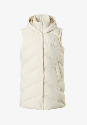 Light beige puffer vest with a hood, features chevron quilted design, front zip closure, and two side pockets. Soft, smooth texture.
