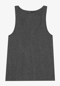 Dark gray sleeveless tank top with a deep V-neck. Made from soft fabric, features a relaxed fit and smooth texture, suitable for layering.