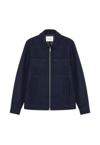 Navy blue wool zip-up jacket with two chest patch pockets, two side welt pockets, and a classic collar.