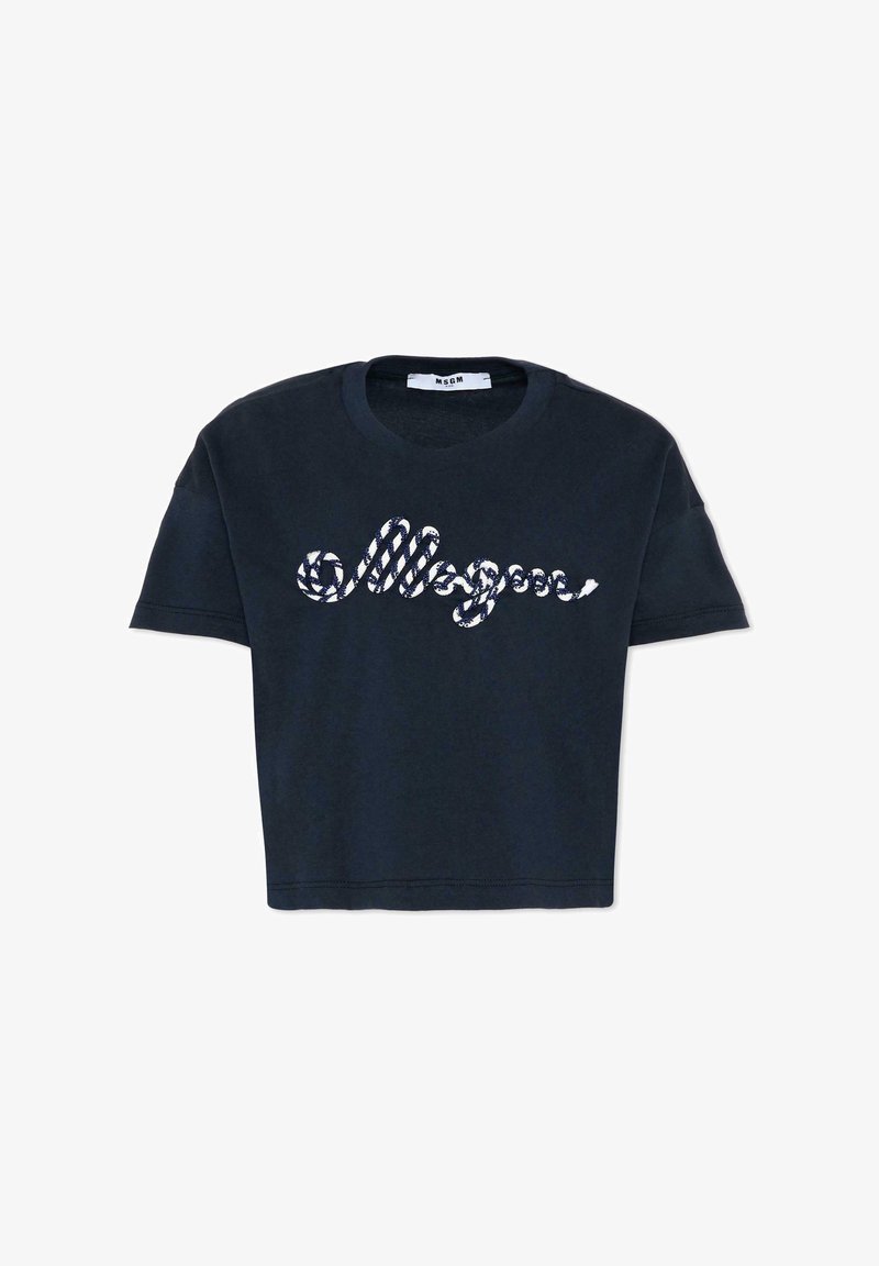 T-shirt nera corta con maniche corte, con logo MSGM bianco e blu navy in stile corda sul petto.