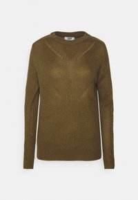 Maglione lavorato a maglia verde oliva con scollatura tonda, maniche lunghe e motivo testurizzato che presenta linee verticali e orizzontali.
