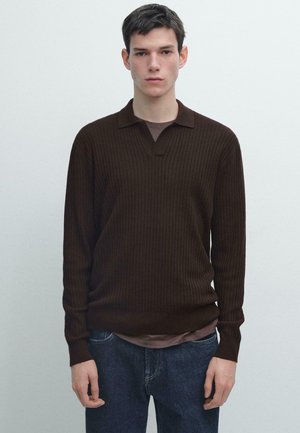 Junger Mann mit kurzem dunklem Haar, der einen dunkelbraunen, gerippten Langarm-Polopullover und dunkelblaue Jeans trägt, steht vor einem einfarbigen Hintergrund.