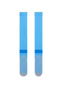 Calze blu al ginocchio con una fascia blu uniforme e un tallone grigio, caratterizzate da righe orizzontali nella zona delle dita. Realizzate in un materiale morbido e elasticizzato.