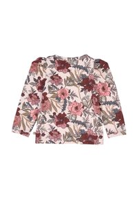 Dlouhá dámská košile v světle růžové barvě s květinovým vzorem v burgundské, růžové, šedé a zelené barvě. Měkká textura s nařasenými rameny.