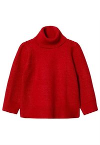 Pull en tricot rouge avec un col roulé haut, des poignets et un corps nervuré. Fini texturé, manches longues et coupe décontractée.