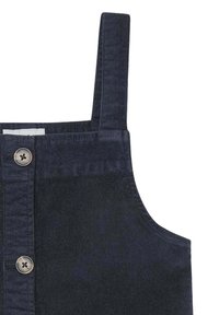 Vestido de pana azul marino con tirantes ajustables, que presenta un cierre frontal con botones y una tela suave y texturizada.