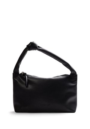 Borsa a mano in pelle nera con manico annodato e chiusura con cerniera, mostrata su sfondo bianco.