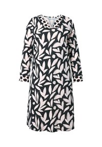 Abito a maniche lunghe con base nera e motivi a foglie bianche. Colletto strutturato con pois. Vestibilità ampia e lunghezza al ginocchio.