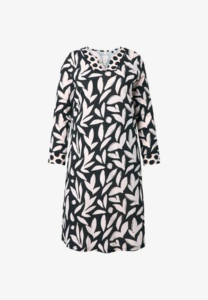 Abito a maniche lunghe con base nera e motivi a foglie bianche. Colletto strutturato con pois. Vestibilità ampia e lunghezza al ginocchio.