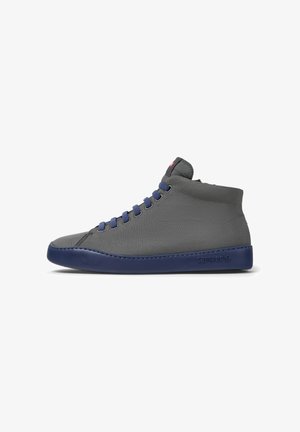 Gray high-top sneaker with a textured fabric upper, blue rubber sole, and matching blue laces. Features Camper logo on the heel.