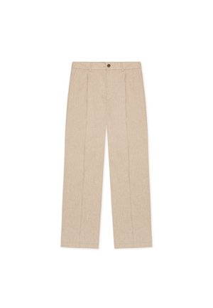 Μπεζ λινά παντελόνια με ίσια γραμμή, διαθέτουν δύο πιέτες μπροστά, κούμπωμα με κουμπί μπροστά και τσέπες και στις δύο πλευρές.