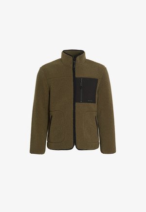 Olive green fleece jacket with a high collar, zip closure, two front pockets, and a black chest pocket featuring a zip. Soft, textured fabric.