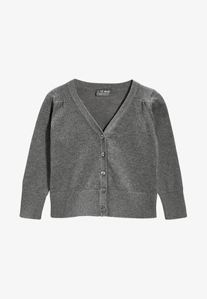 Cardigan grigio realizzato in morbido tessuto con scollatura a V, sei bottoni sul davanti e polsini e orlo a coste. Presenta leggere pieghe sulle spalle.