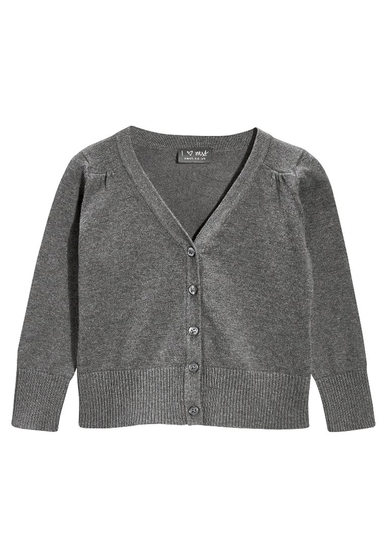 Grauer Cardigan aus weichem Material mit V-Ausschnitt, sechs Knöpfen auf der Vorderseite und gerippten Bündchen und Saum. Verfügt über leichte Raffung an den Schultern.
