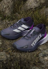 Scarpe da hiking grigie e viola con tomaia strutturata, tre strisce bianche, etichetta Gore-Tex e design della suola ammortizzata.