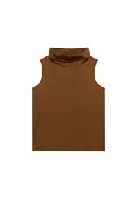 Bruine mouwloze top met een hoge, gedrapeerde kraag. Gemaakt van een gladde, zachte stof met een eenvoudig, gestroomlijnd ontwerp en geen zichtbare patronen.
