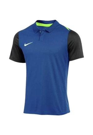 Blaues kurzärmeliges Polo mit schwarzen Ärmeln, neongrünen Details im Kragen und weißem Nike-Logo auf der Brust.